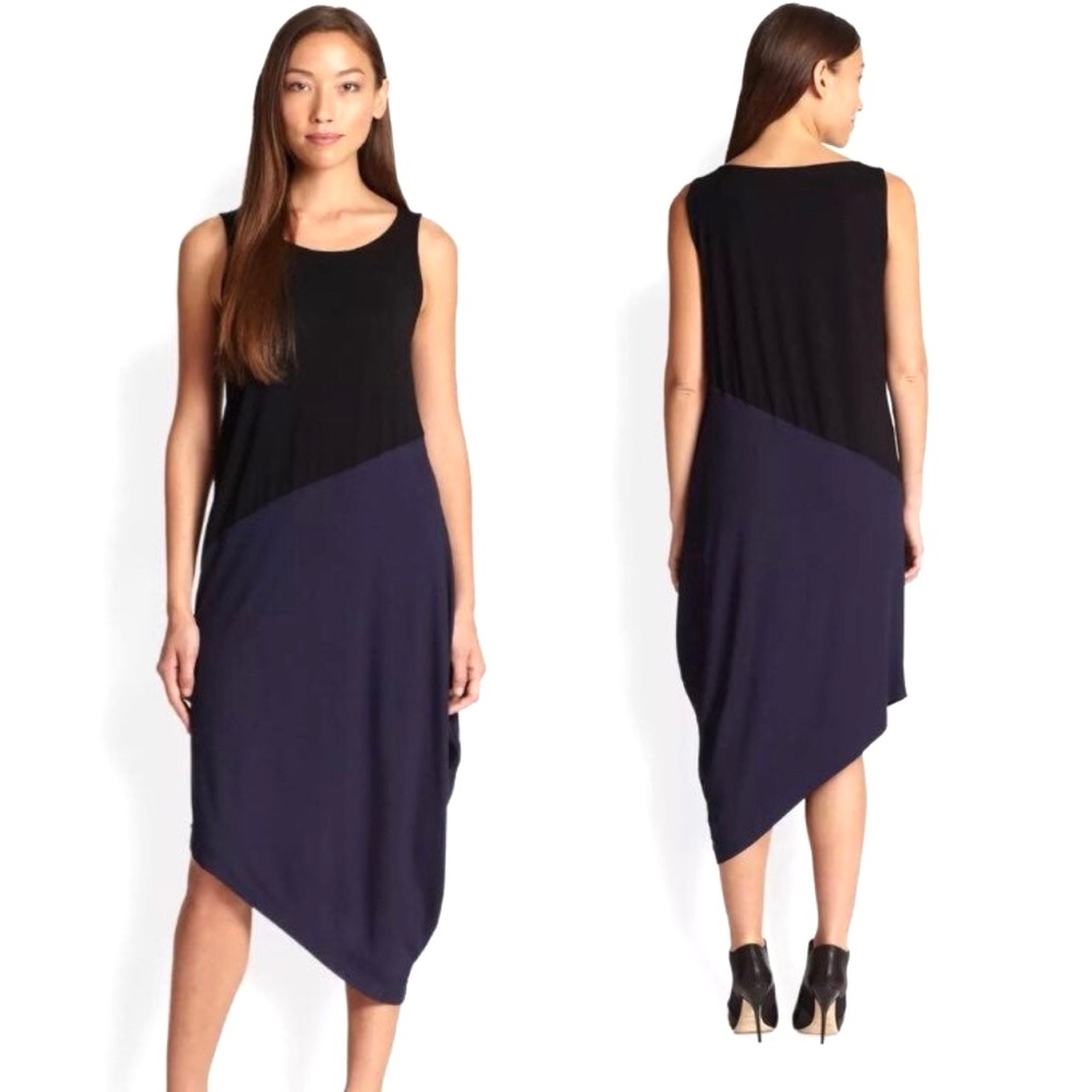 EILEEN FISHER Asymmetric Black and Navy Colorblock Jersey Tank Dress